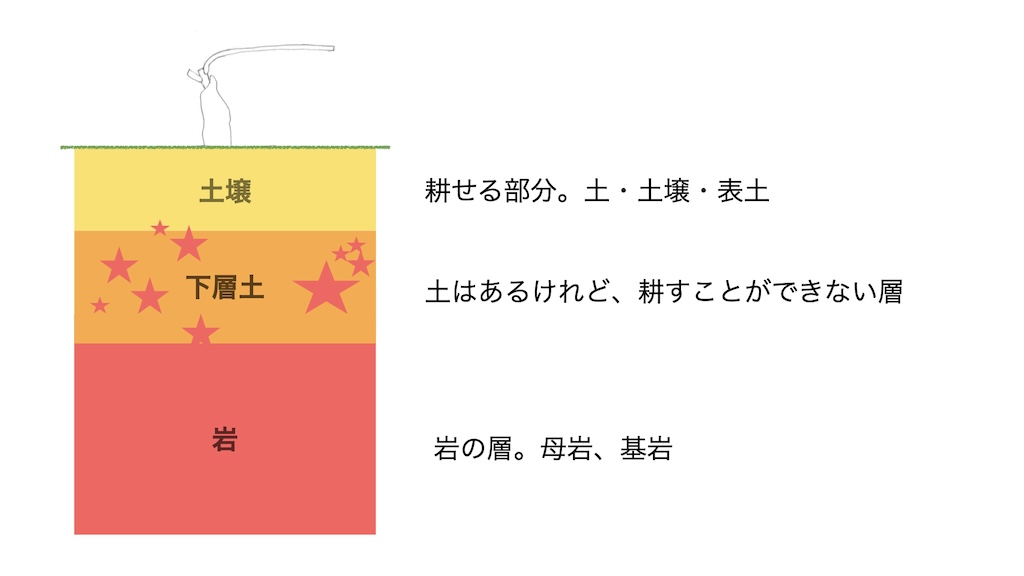 １番上の層が土壌です。いわゆる土とか表土と呼ばれる部分です。２番目の層は、土はあるけれど深すぎるとか、大きな石が混在していて耕すことができない層です。下層土と呼ばれたりもします。そして３番目の層は岩の層です。